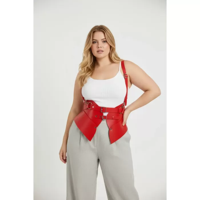 Büyük Beden Kırmızı Kadın Kemer Korse Görünümlü Deri Harness Vücut Aksesuarı - APFT616