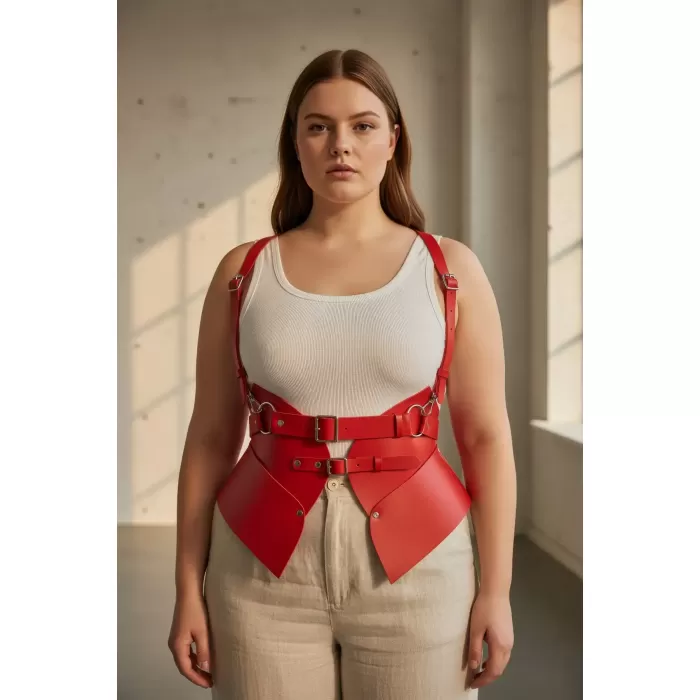 Büyük Beden Kırmızı Kadın Kemer Korse Görünümlü Deri Harness Vücut Aksesuarı - APFT616
