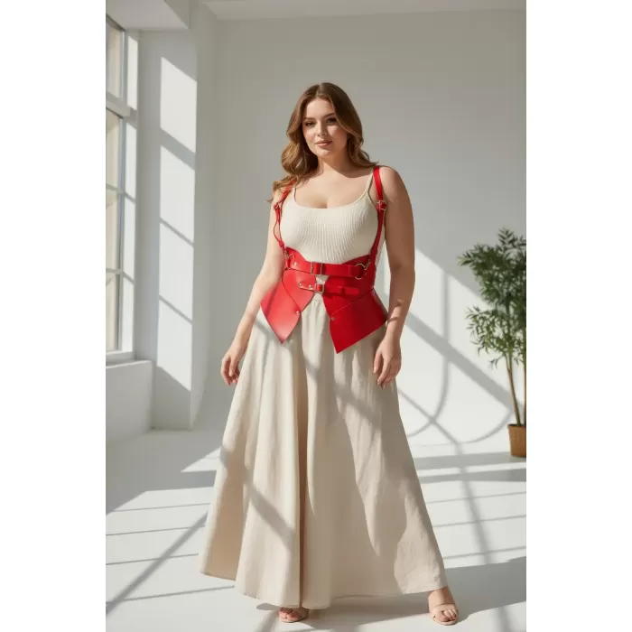 Büyük Beden Kırmızı Kadın Kemer Korse Görünümlü Deri Harness Vücut Aksesuarı - APFT616