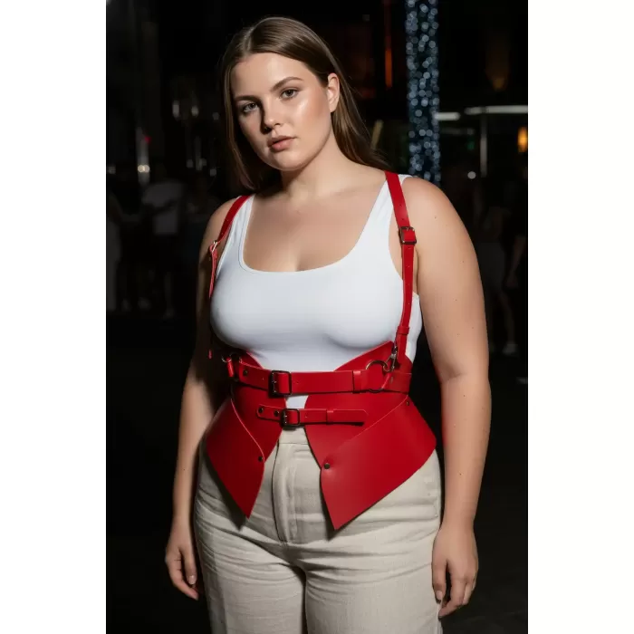 Büyük Beden Kırmızı Kadın Kemer Korse Görünümlü Deri Harness Vücut Aksesuarı - APFT616