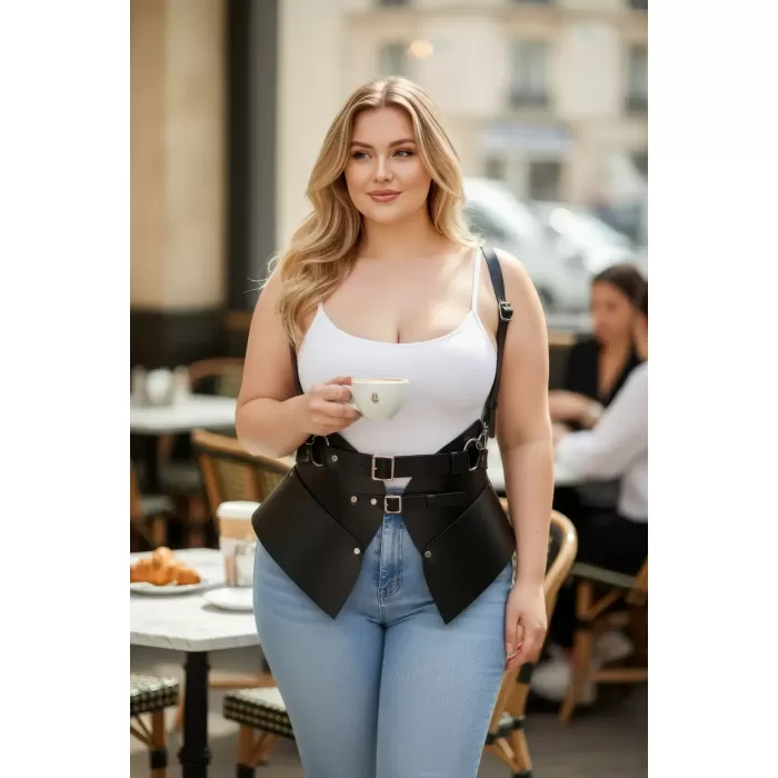 Büyük Beden Siyah Kadın Deri Korse Kemer Omuz Askılı Bel Şekillendirici - APFT616