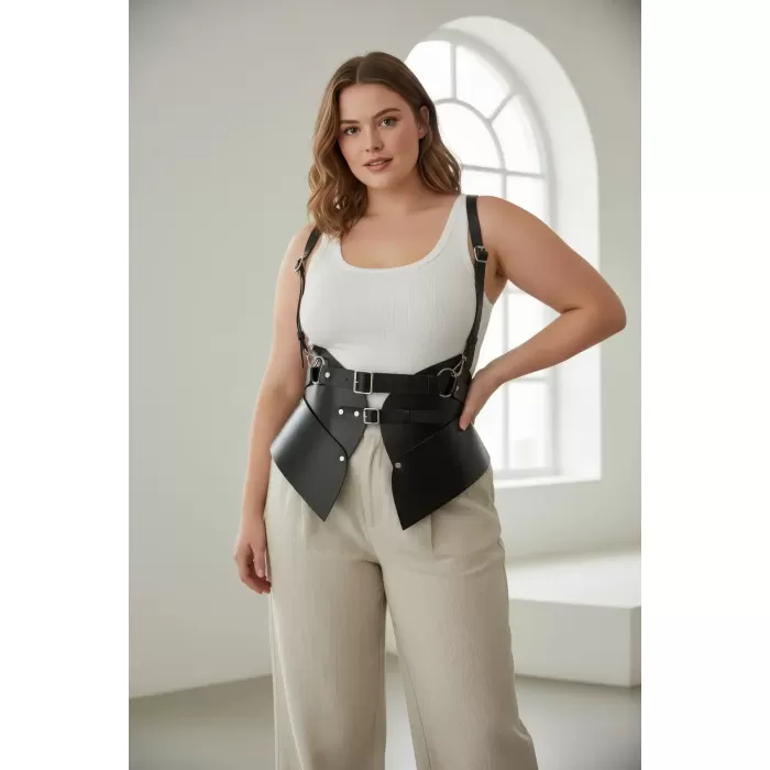 Büyük Beden Siyah Kadın Deri Korse Kemer Omuz Askılı Bel Şekillendirici - APFT616