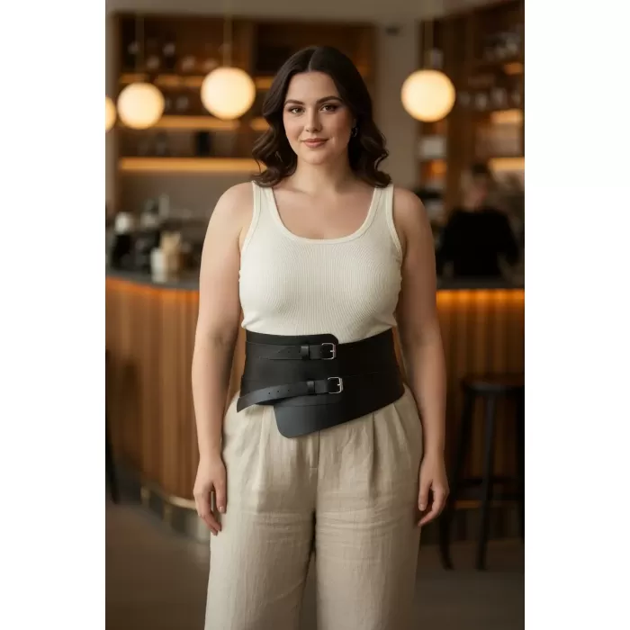 Büyük Beden Siyah Kadın Deri Korsaj Kemer Çift Tokalı Bel Vurgulayan - APFT617