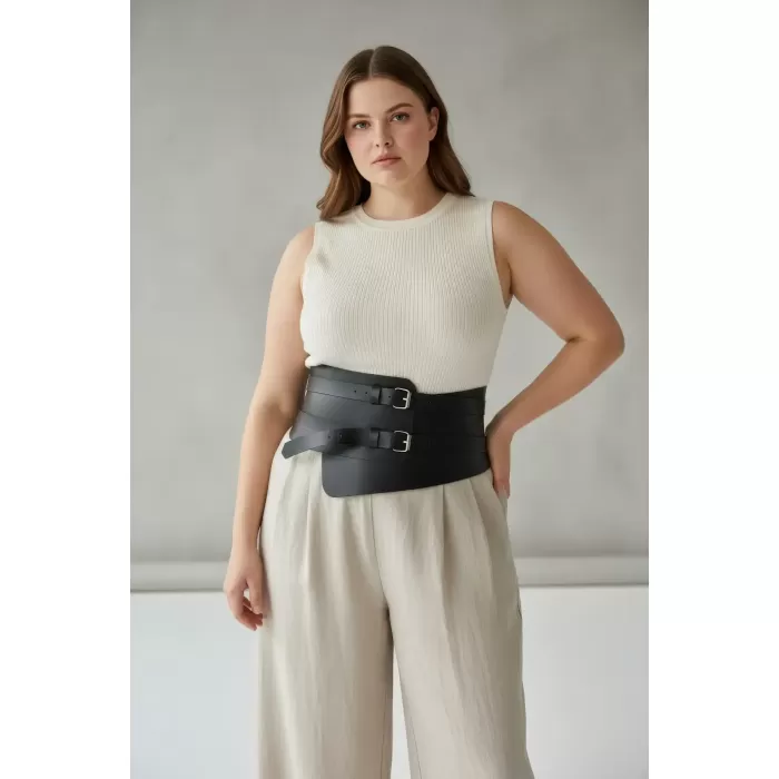 Büyük Beden Siyah Kadın Deri Korsaj Kemer Çift Tokalı Bel Vurgulayan - APFT617