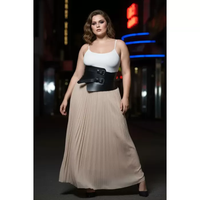 Büyük Beden Siyah Kadın Deri Korsaj Kemer Çift Tokalı Bel Vurgulayan - APFT617