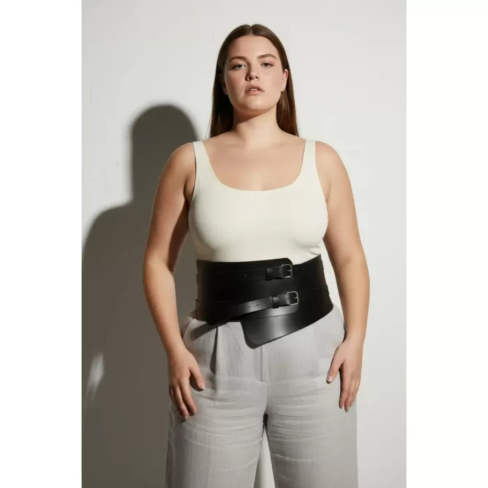 Büyük Beden Siyah Kadın Deri Korsaj Kemer Çift Tokalı Bel Vurgulayan - APFT617