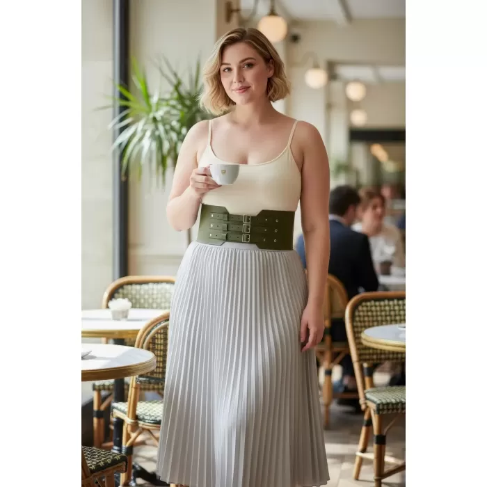 Büyük Beden Haki Kadın Kemer Korse Tarzı Üç Tokalı Bel Vurgulayan - APFT618