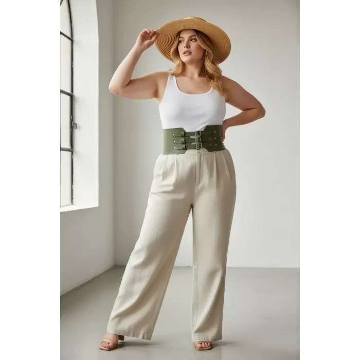 Büyük Beden Haki Kadın Kemer Korse Tarzı Üç Tokalı Bel Vurgulayan - APFT618