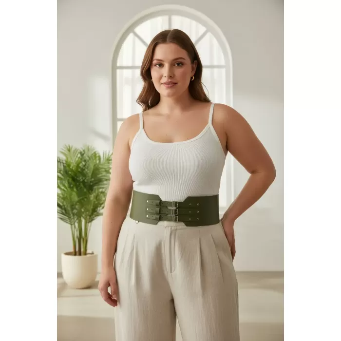 Büyük Beden Haki Kadın Kemer Korse Tarzı Üç Tokalı Bel Vurgulayan - APFT618