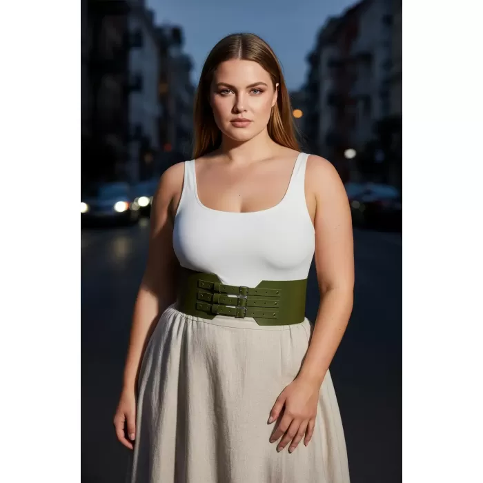 Büyük Beden Haki Kadın Kemer Korse Tarzı Üç Tokalı Bel Vurgulayan - APFT618