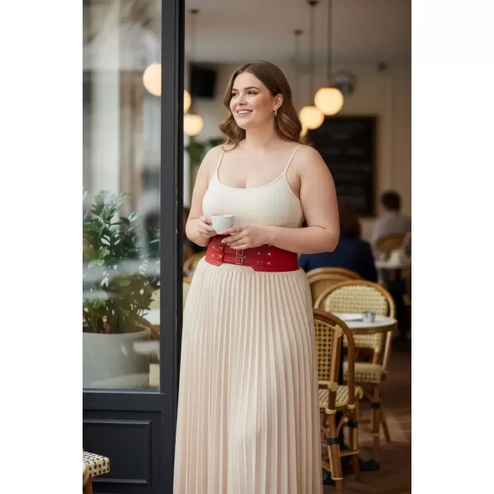 Büyük Beden Kırmızı Geniş Kemer Çok Tokalı Korsaj Detaylı - APFT618