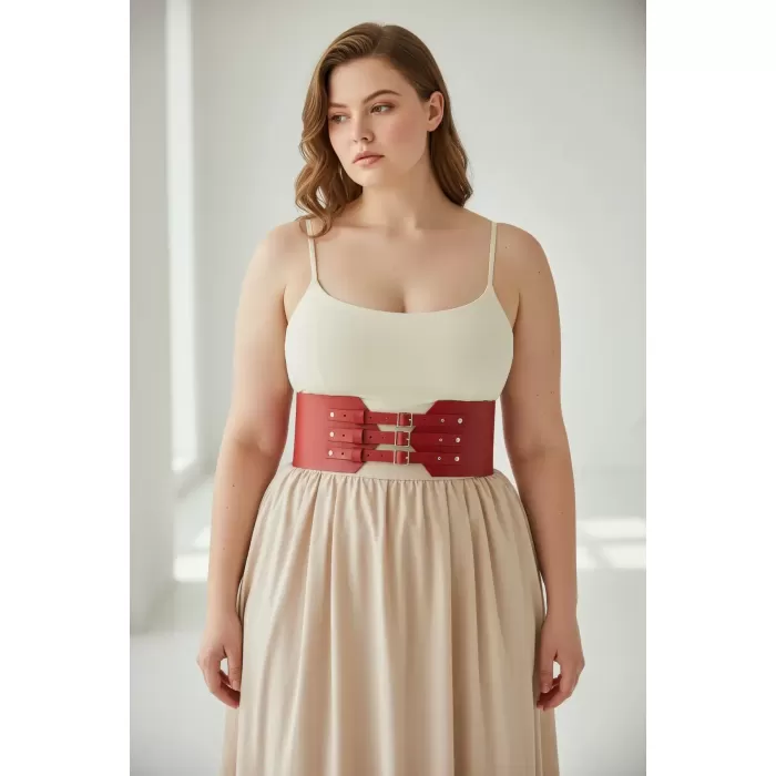 Büyük Beden Kırmızı Geniş Kemer Çok Tokalı Korsaj Detaylı - APFT618
