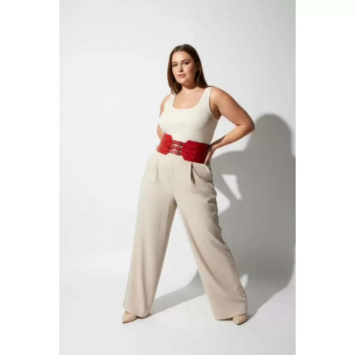 Büyük Beden Kırmızı Geniş Kemer Çok Tokalı Korsaj Detaylı - APFT618