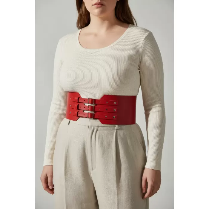 Büyük Beden Kırmızı Geniş Kemer Çok Tokalı Korsaj Detaylı - APFT618