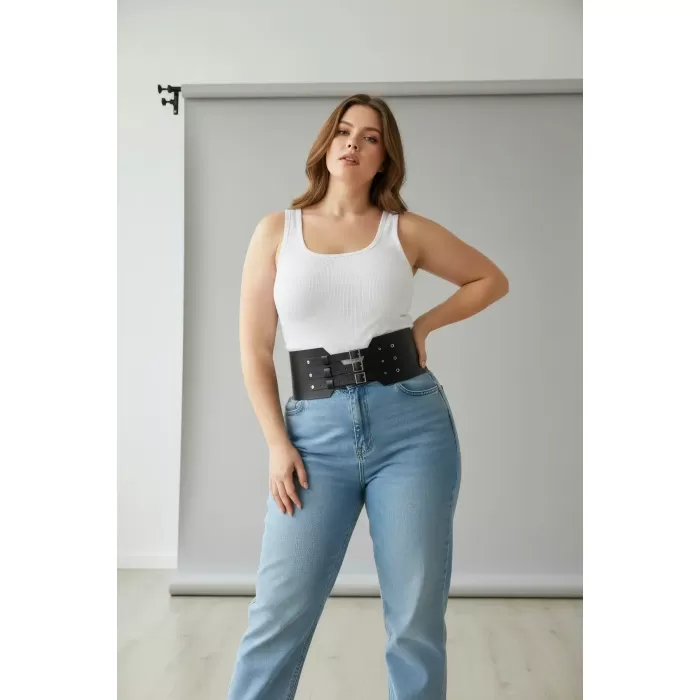 Büyük Beden Siyah Kadın Kemer Geniş Korse Tarzı Üç Tokalı - APFT618