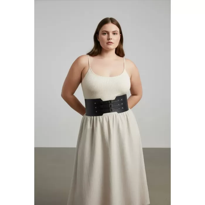 Büyük Beden Siyah Kadın Kemer Geniş Korse Tarzı Üç Tokalı - APFT618