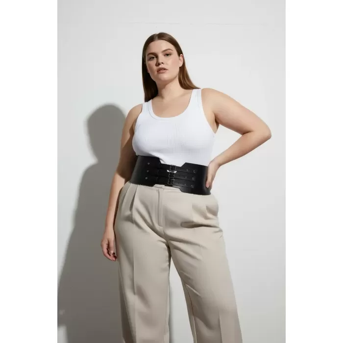 Büyük Beden Siyah Kadın Kemer Geniş Korse Tarzı Üç Tokalı - APFT618