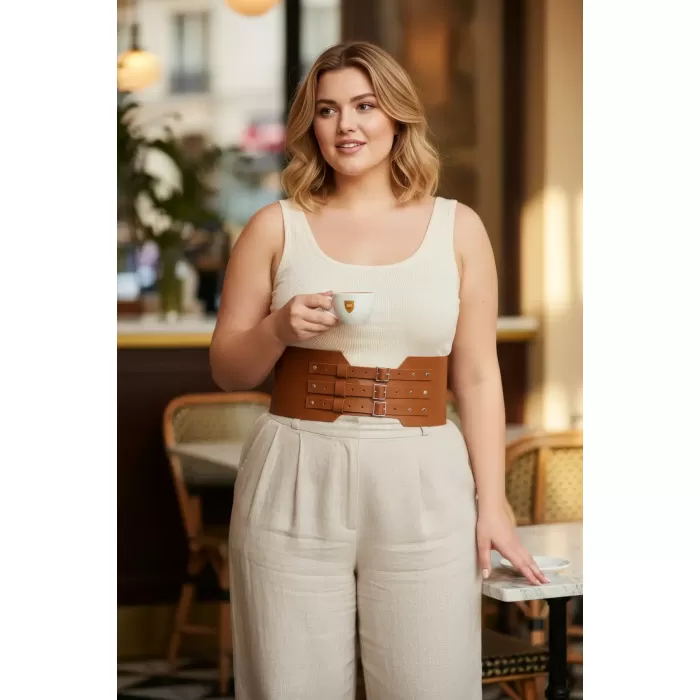 Büyük Beden Taba Kadın Kemer Üç Tokalı Geniş Korse Bel Vurgulayıcı - APFT618