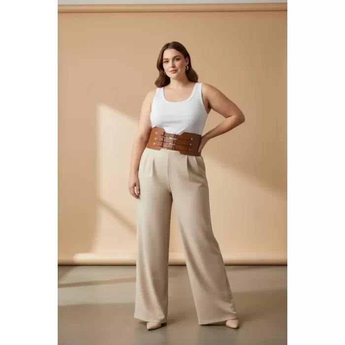 Büyük Beden Taba Kadın Kemer Üç Tokalı Geniş Korse Bel Vurgulayıcı - APFT618