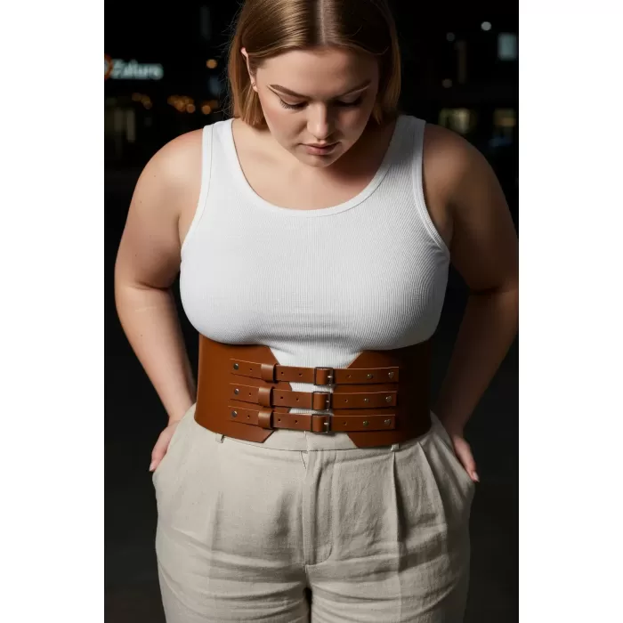 Büyük Beden Taba Kadın Kemer Üç Tokalı Geniş Korse Bel Vurgulayıcı - APFT618