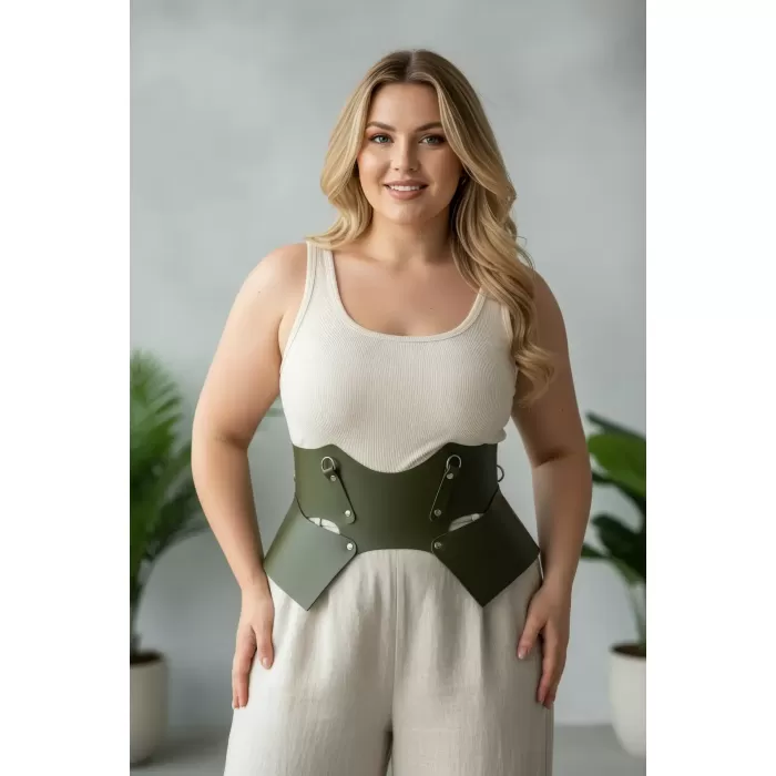 Büyük Beden Haki Kadın Kemer Korse Görünümlü Kalın Deri - APFT619