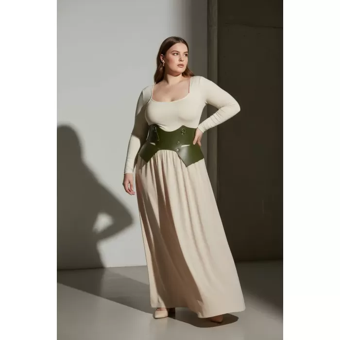 Büyük Beden Haki Kadın Kemer Korse Görünümlü Kalın Deri - APFT619