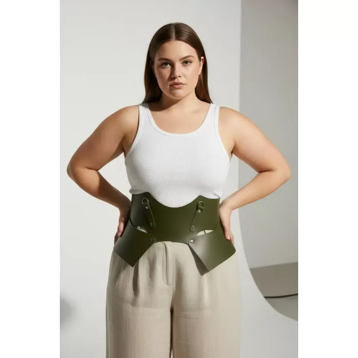 Büyük Beden Haki Kadın Kemer Korse Görünümlü Kalın Deri - APFT619