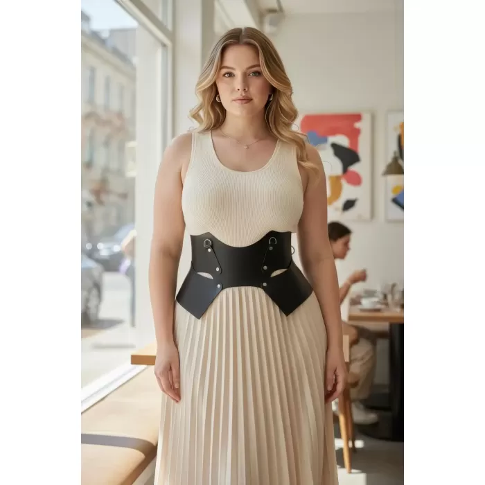 Büyük Beden Siyah Kadın Kemer Korse Görünümlü Geniş Deri Halka Detaylı - APFT619