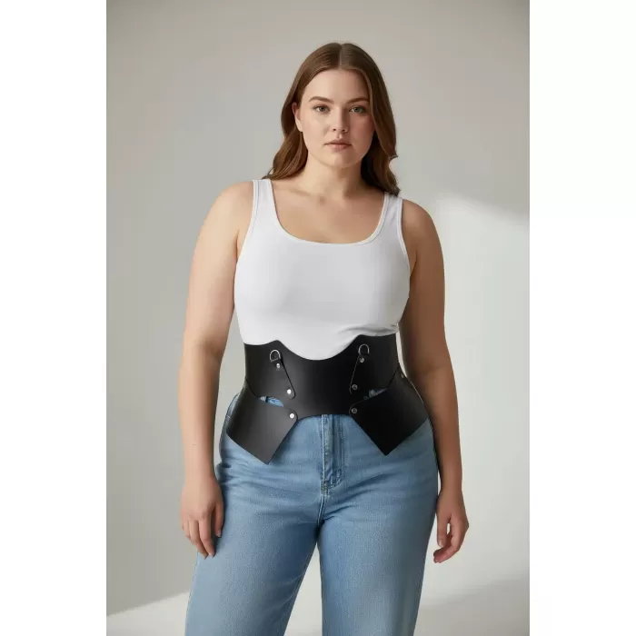 Büyük Beden Siyah Kadın Kemer Korse Görünümlü Geniş Deri Halka Detaylı - APFT619