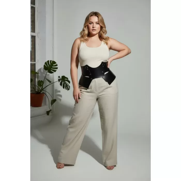 Büyük Beden Siyah Kadın Kemer Korse Görünümlü Geniş Deri Halka Detaylı - APFT619