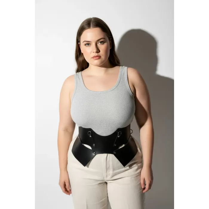 Büyük Beden Siyah Kadın Kemer Korse Görünümlü Geniş Deri Halka Detaylı - APFT619