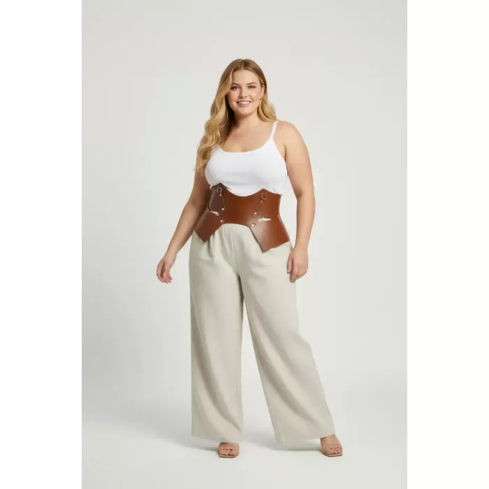 Büyük Beden Taba Kadın Kemer Geniş Korse Stil Deri Kombin Tamamlayıcı - APFT619