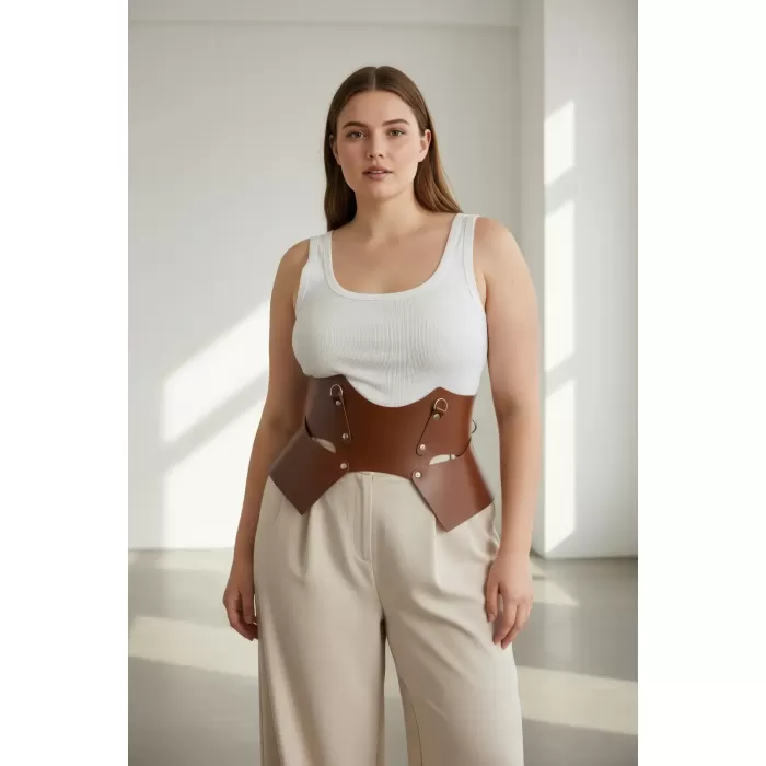 Büyük Beden Taba Kadın Kemer Geniş Korse Stil Deri Kombin Tamamlayıcı - APFT619