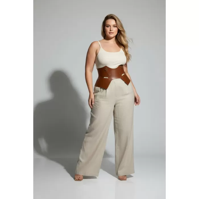 Büyük Beden Taba Kadın Kemer Geniş Korse Stil Deri Kombin Tamamlayıcı - APFT619