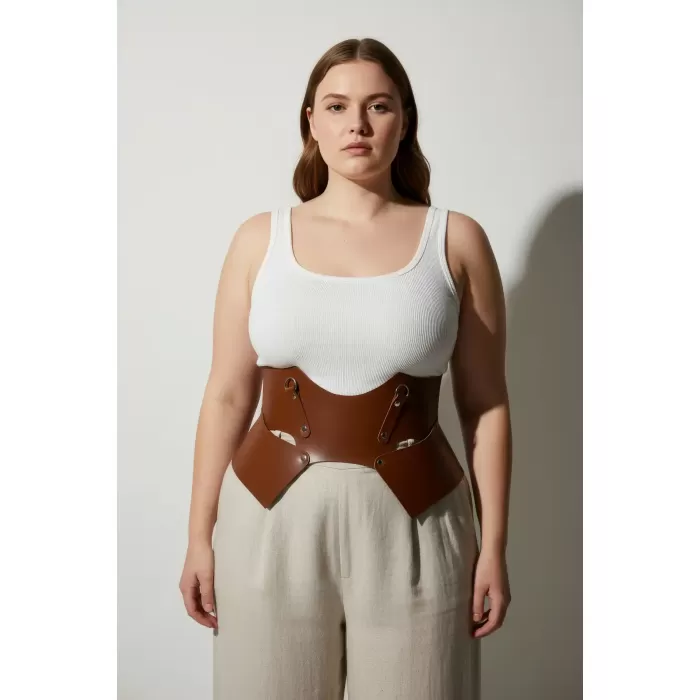 Büyük Beden Taba Kadın Kemer Geniş Korse Stil Deri Kombin Tamamlayıcı - APFT619