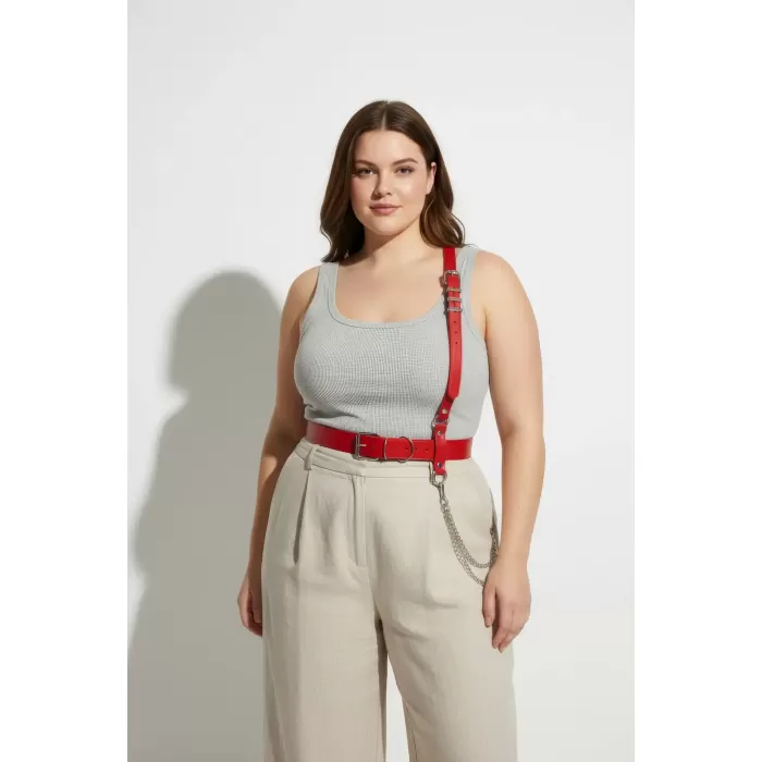 Büyük Beden Kırmızı Kadın Kemer Zincir Detaylı Harness Vücut Aksesuarı - APFT620