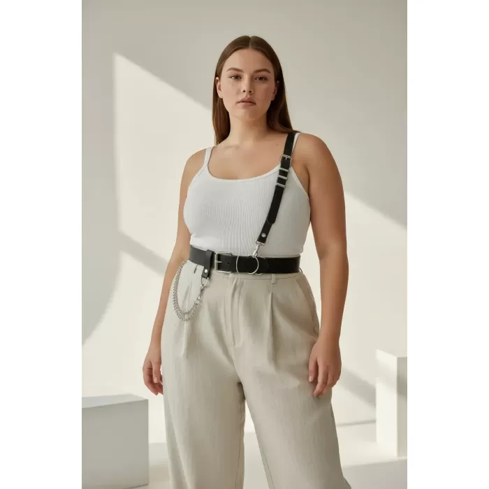 Büyük Beden Siyah Kadın Kemer Zincir Detaylı Harness Tasarım - APFT620