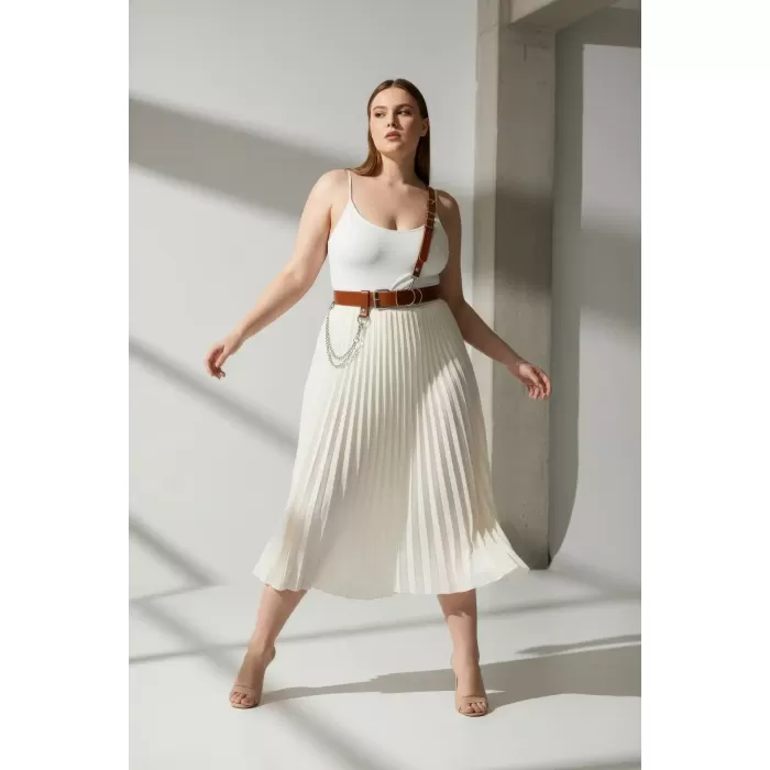 Büyük Beden Taba Kadın Hakiki Deri Omuz Askılı Vücut Kemer Zincir Detaylı - APFT620