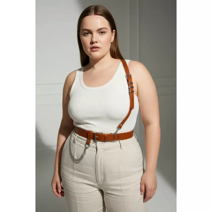 Büyük Beden Taba Kadın Hakiki Deri Omuz Askılı Vücut Kemer Zincir Detaylı - APFT620