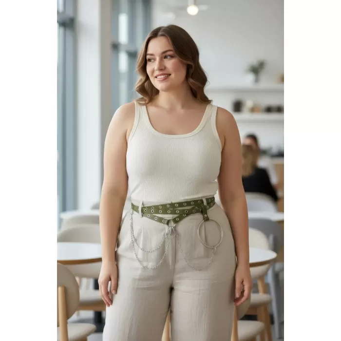 Büyük Beden Haki Kadın Kemer Zincir ve Halka Detaylı Trend Model - APFT621