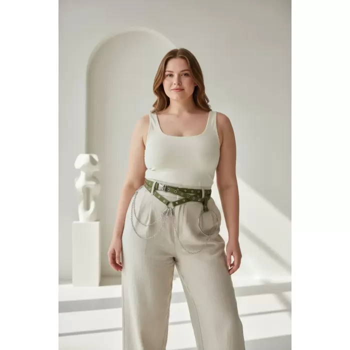 Büyük Beden Haki Kadın Kemer Zincir ve Halka Detaylı Trend Model - APFT621