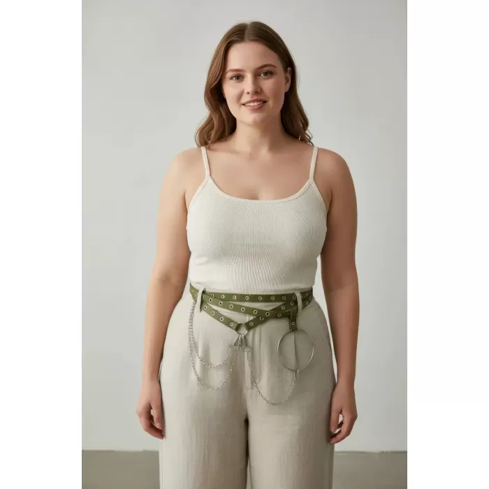 Büyük Beden Haki Kadın Kemer Zincir ve Halka Detaylı Trend Model - APFT621