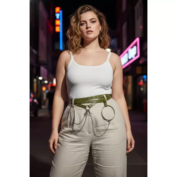 Büyük Beden Haki Kadın Kemer Zincir ve Halka Detaylı Trend Model - APFT621