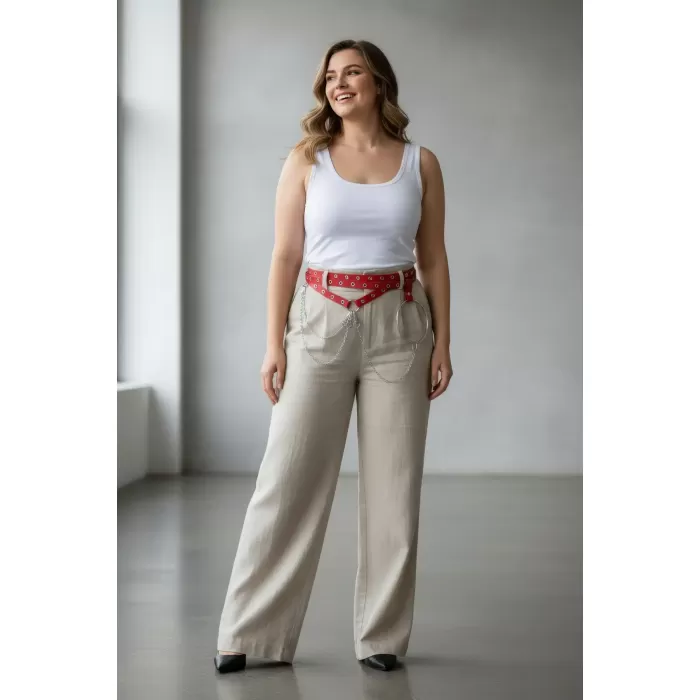 Büyük Beden Kırmızı Kadın Kemer Çoklu Kayışlı Zincir ve Halka Detaylı - APFT621