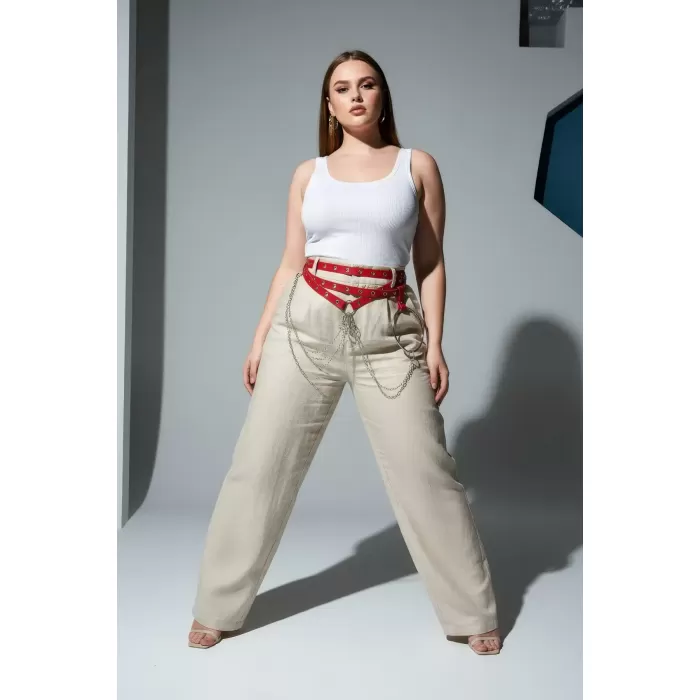 Büyük Beden Kırmızı Kadın Kemer Çoklu Kayışlı Zincir ve Halka Detaylı - APFT621