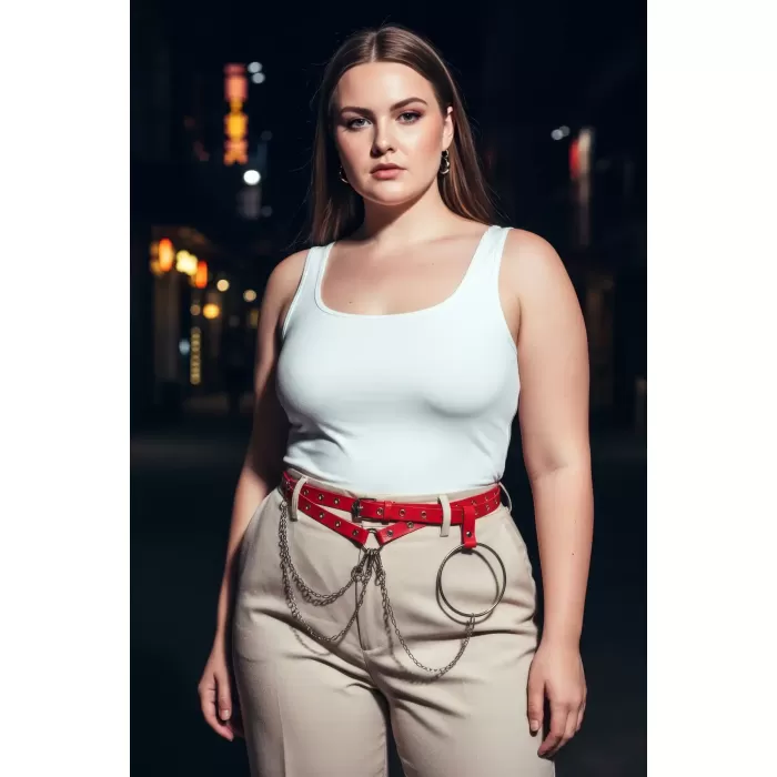 Büyük Beden Kırmızı Kadın Kemer Çoklu Kayışlı Zincir ve Halka Detaylı - APFT621