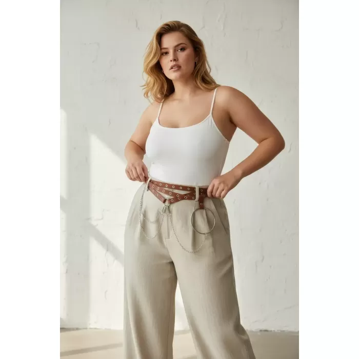 Büyük Beden Kahverengi Kadın Kemer Zincir Detaylı Halkalı Elbise Kombini - APFT621