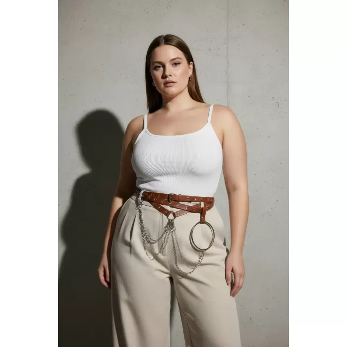 Büyük Beden Kahverengi Kadın Kemer Zincir Detaylı Halkalı Elbise Kombini - APFT621