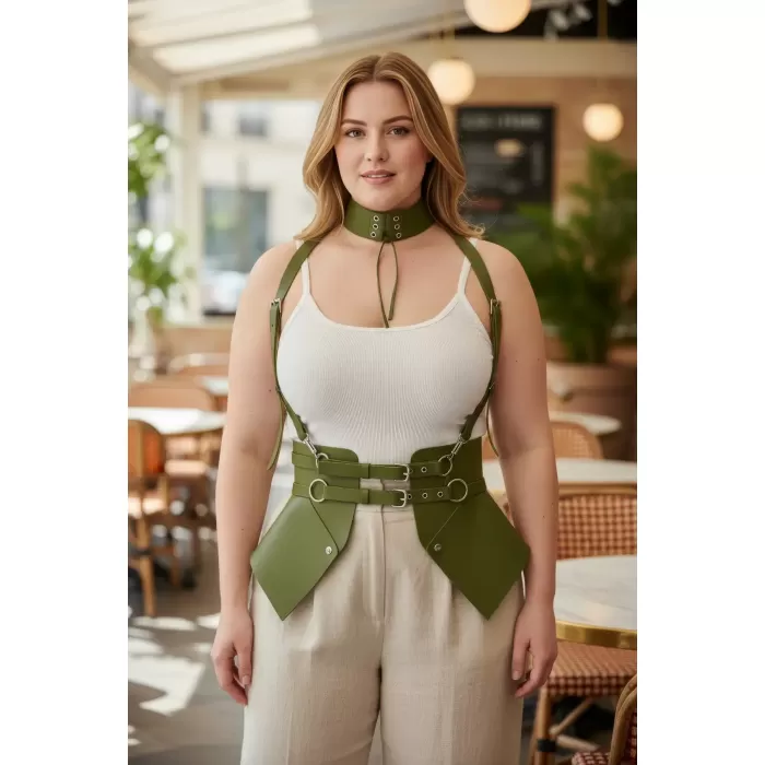 Büyük Beden Haki Kadın Kemer Omuz Askılı Deri Korse Tarzı - APFT622