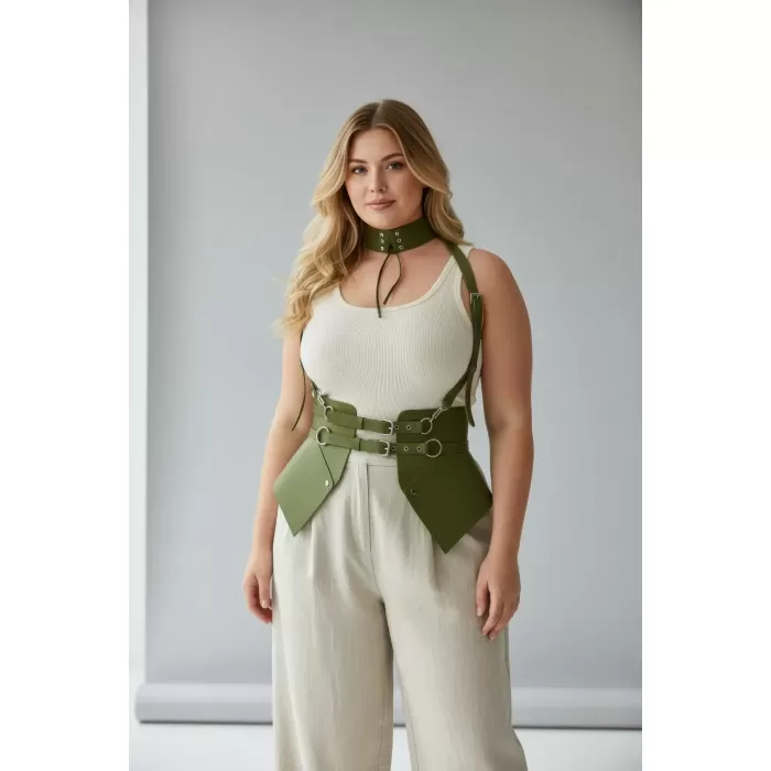 Büyük Beden Haki Kadın Kemer Omuz Askılı Deri Korse Tarzı - APFT622